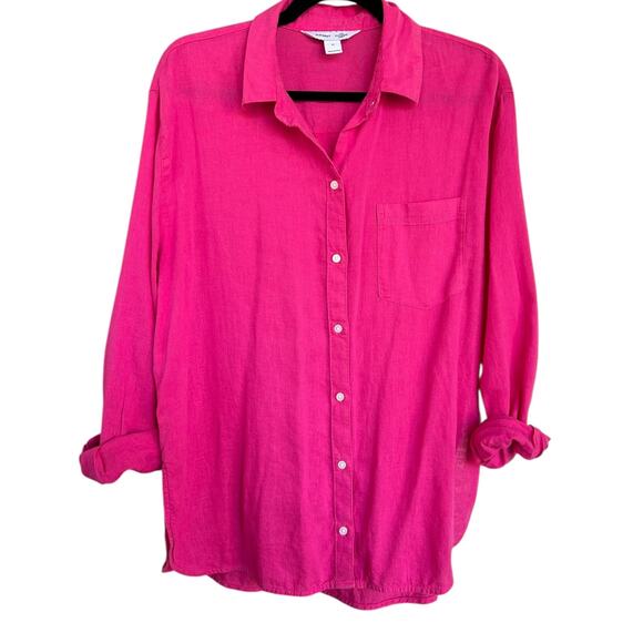 NWOT Old Navy Women's Oversized Linen Boyfriend Shirt in Pink Size Medium - Picture 2 of 4